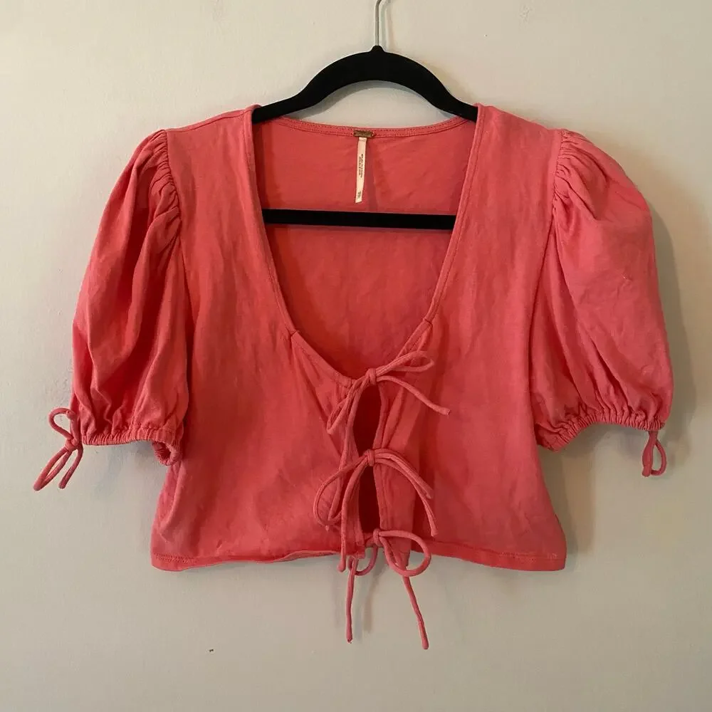Free People Hot Pink Kitty Tee Puff Sleeve Cropped Tie Blouse Women's size XS
